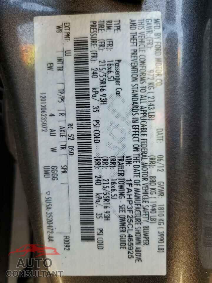 FORD FOCUS 2012 - 1FAHP3F25CL465925
