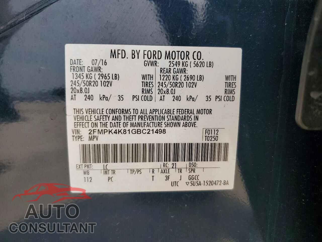 FORD EDGE 2016 - 2FMPK4K81GBC21498
