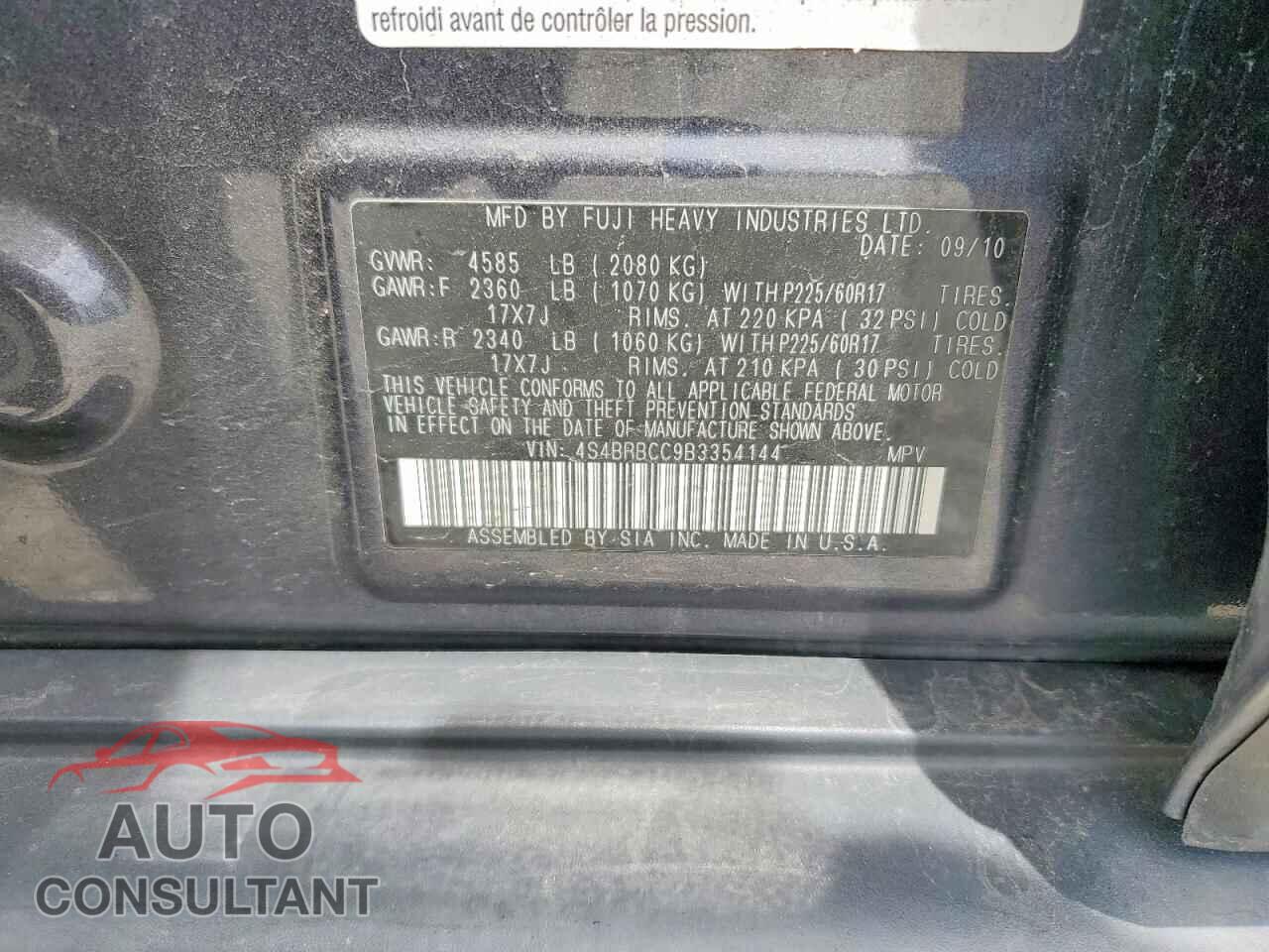 SUBARU OUTBACK 2011 - 4S4BRBCC9B3354144