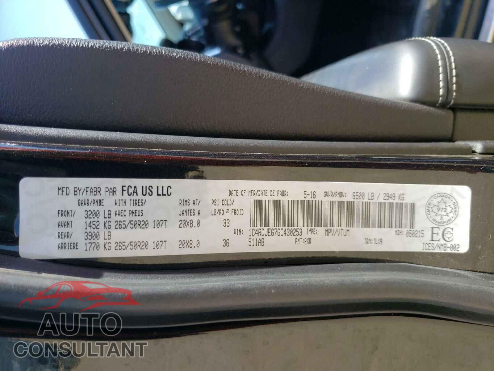 DODGE DURANGO 2016 - 1C4RDJEG7GC430253