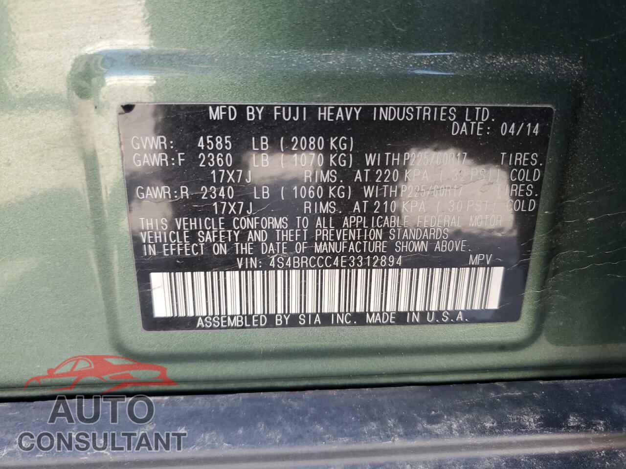 SUBARU OUTBACK 2014 - 4S4BRCCC4E3312894
