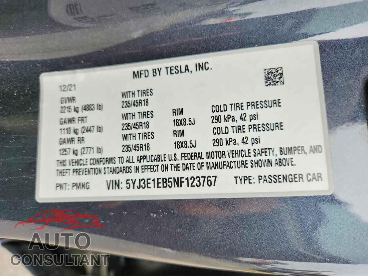 TESLA MODEL 3 2022 - 5YJ3E1EB5NF123767