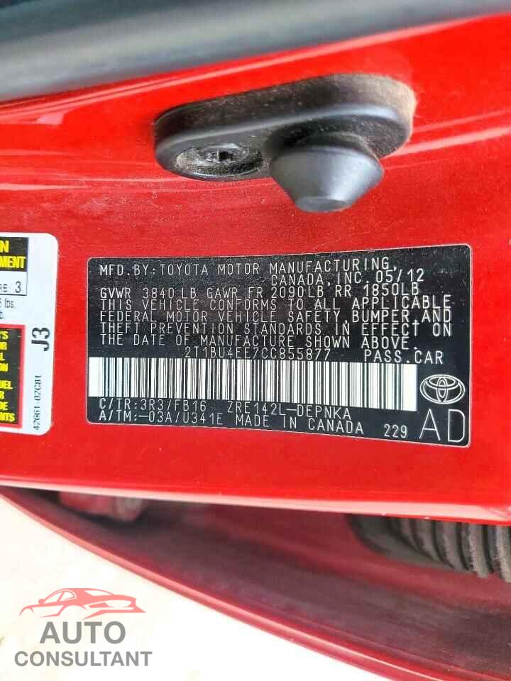 TOYOTA COROLLA 2012 - 2T1BU4EE7CC855877