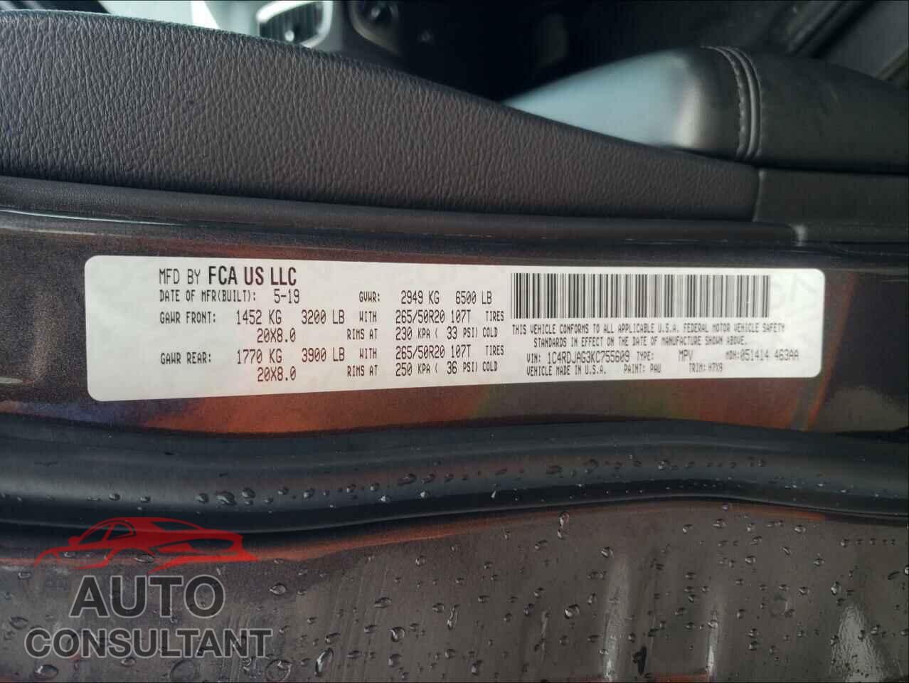 DODGE DURANGO 2019 - 1C4RDJAG3KC755609