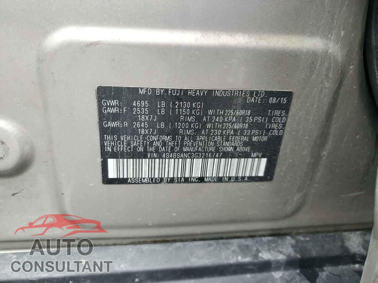SUBARU OUTBACK 2016 - 4S4BSANC3G3216747