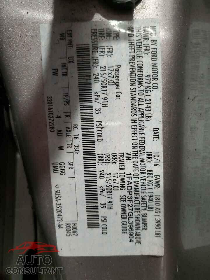 FORD FOCUS 2016 - 1FADP3F27GL396904