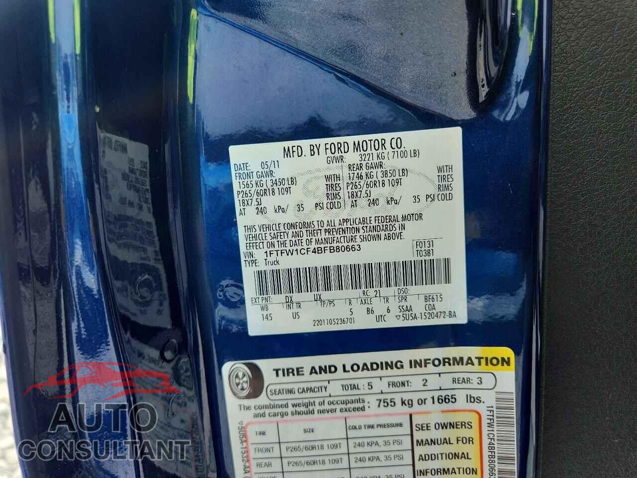 FORD F150 2011 - 1FTFW1CF4BFB80663