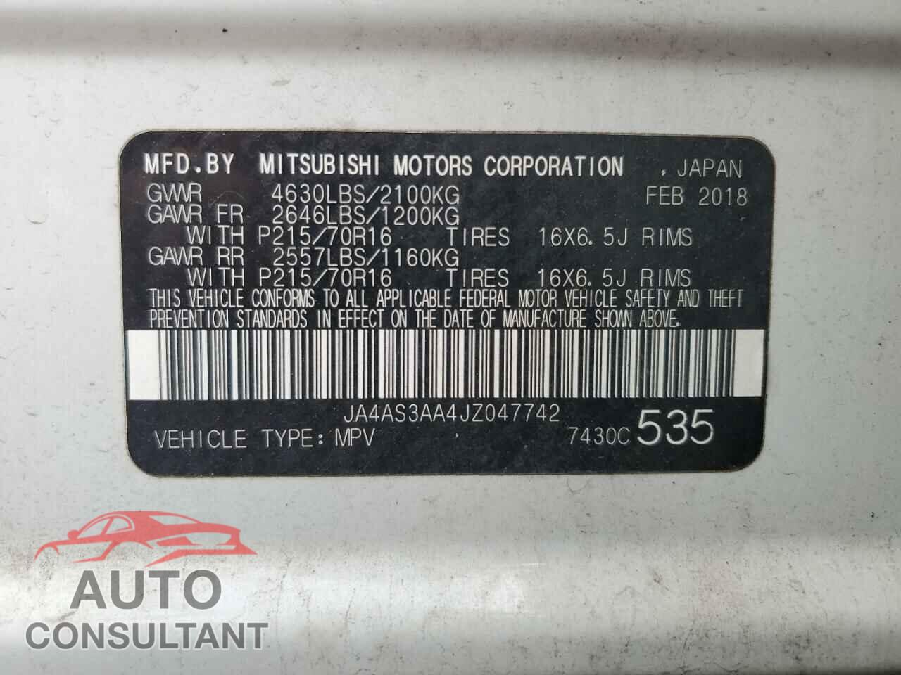 MITSUBISHI ECLIPSE 2018 - JA4AS3AA4JZ047742