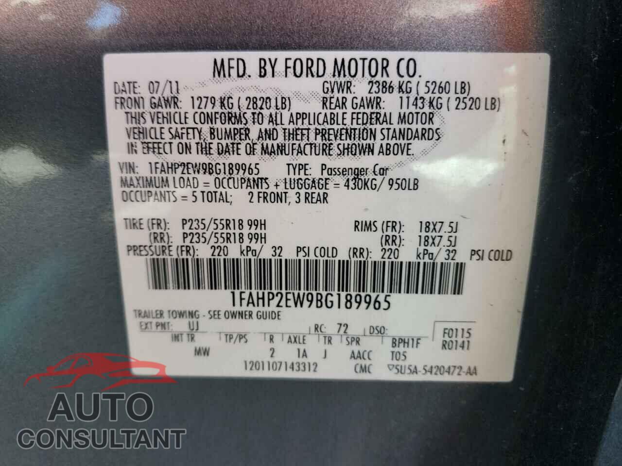FORD TAURUS 2011 - 1FAHP2EW9BG189965