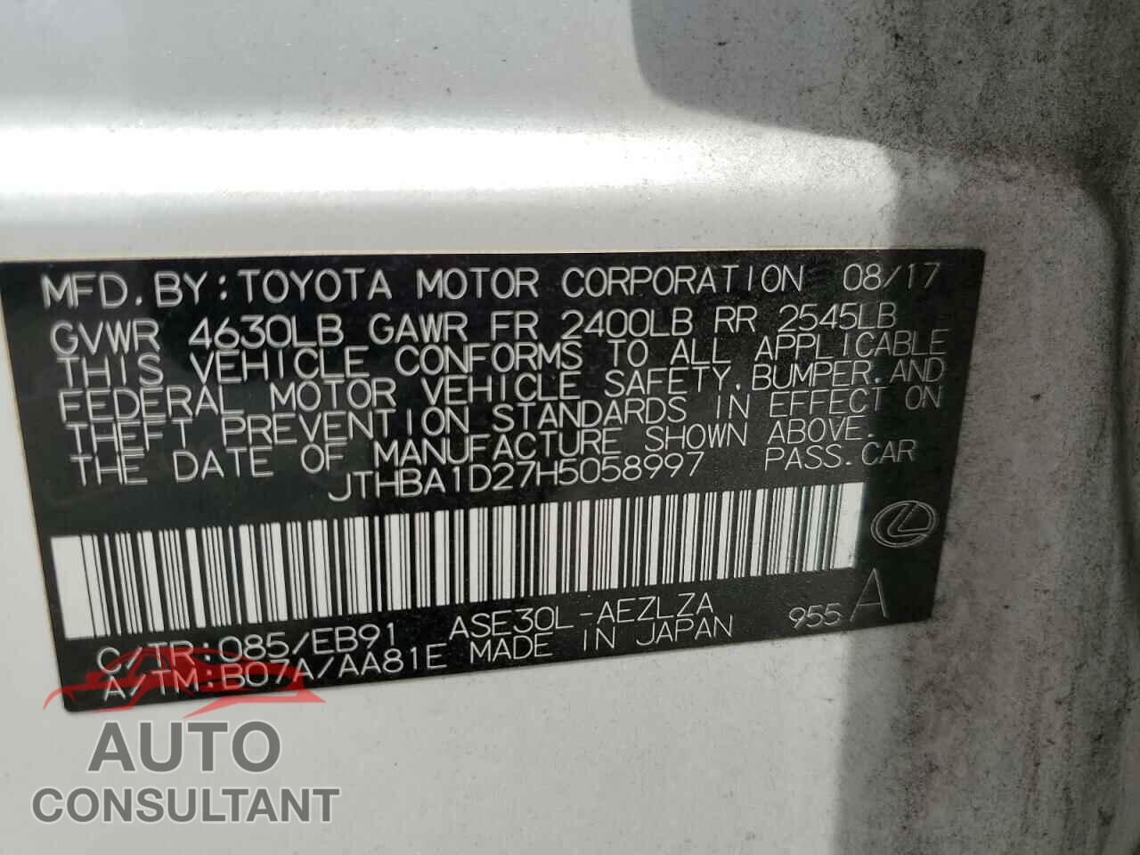 LEXUS IS 2017 - JTHBA1D27H5058997
