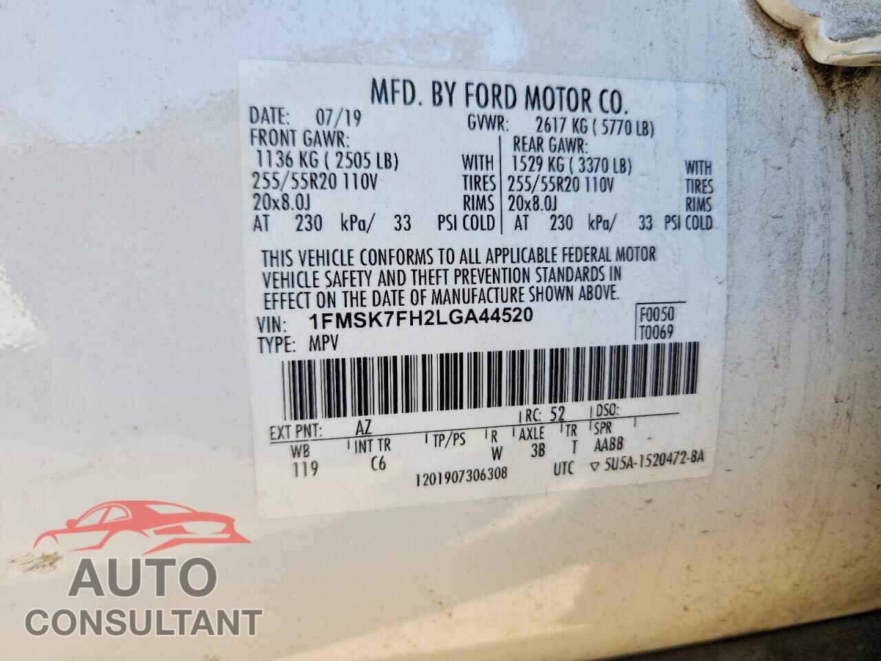 FORD EXPLORER 2020 - 1FMSK7FH2LGA44520