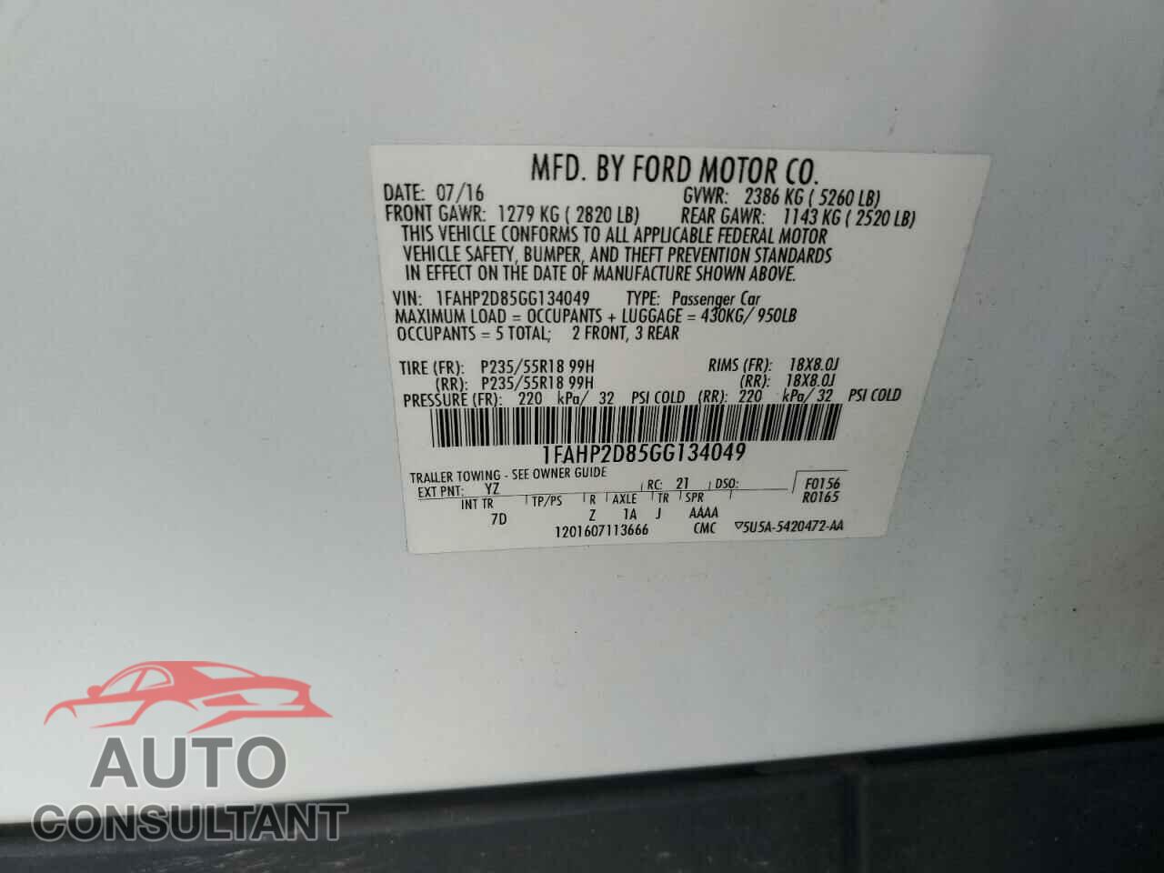 FORD TAURUS 2016 - 1FAHP2D85GG134049