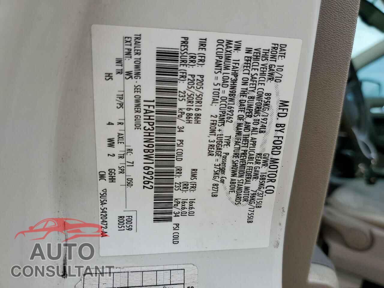FORD FOCUS 2011 - 1FAHP3HN9BW169262