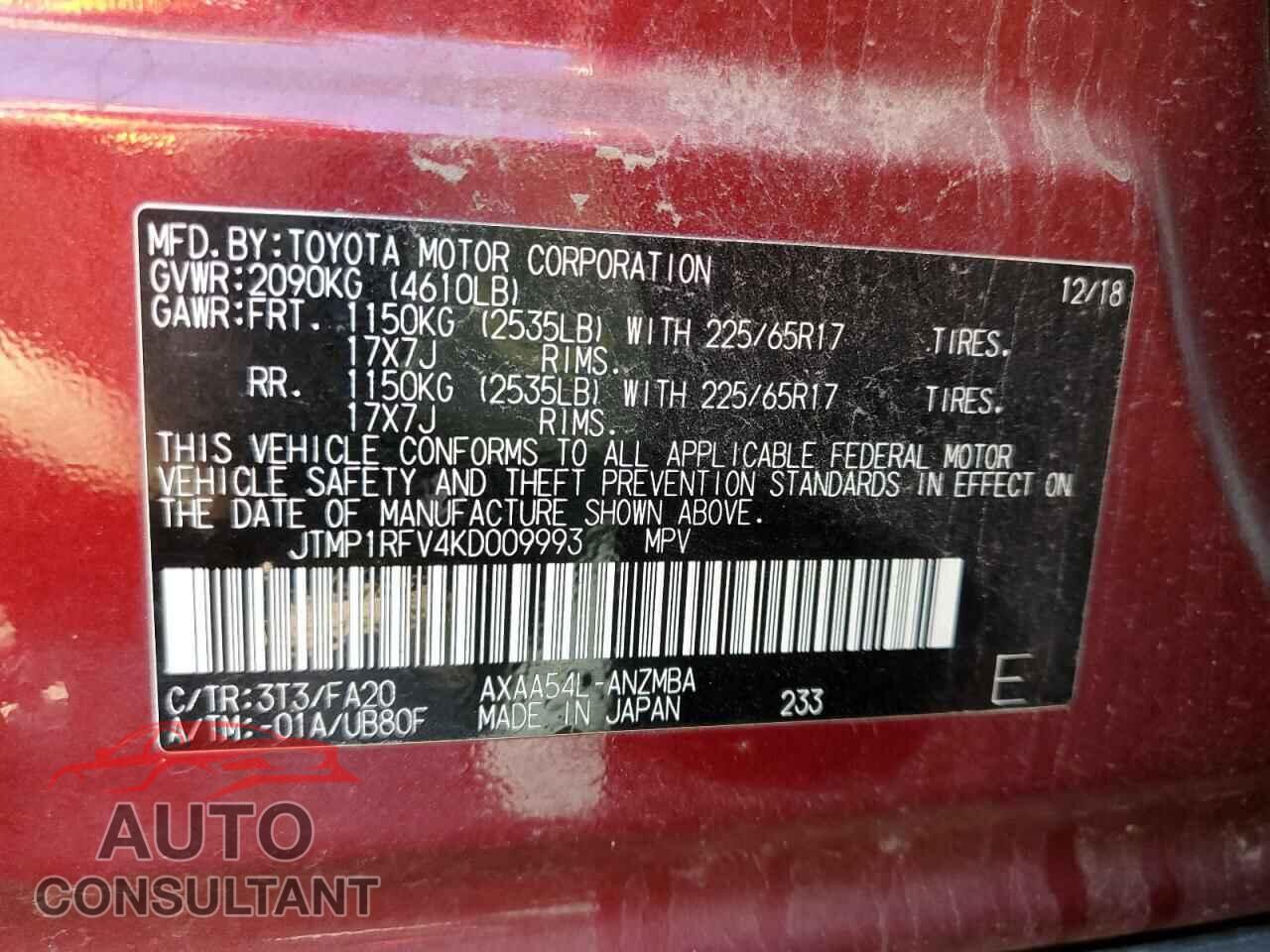 TOYOTA RAV4 2019 - JTMP1RFV4KD009993