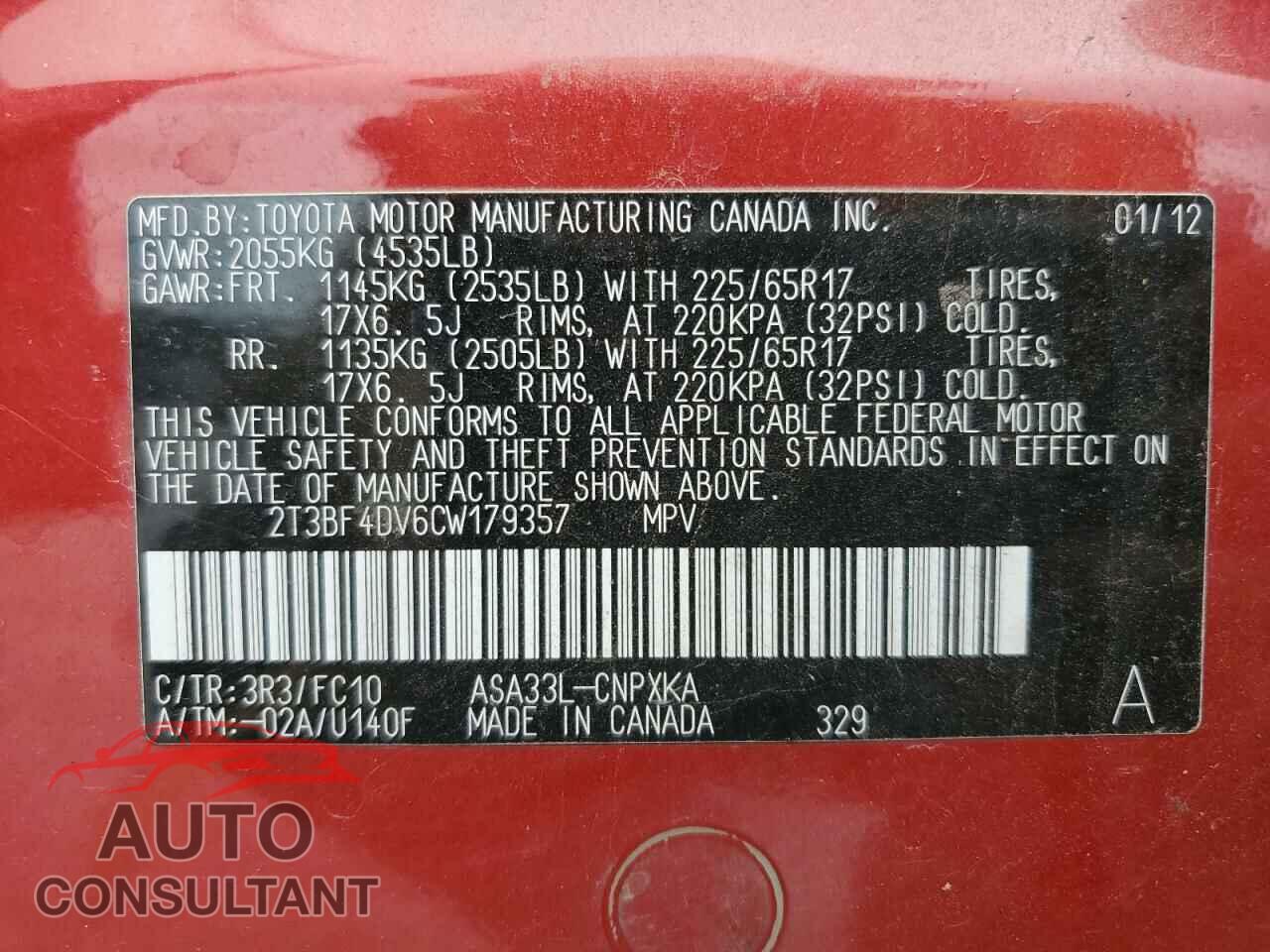 TOYOTA RAV4 2012 - 2T3BF4DV6CW179357