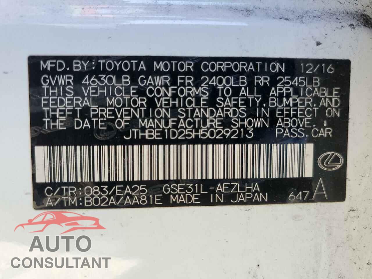 LEXUS IS 2017 - JTHBE1D25H5029213
