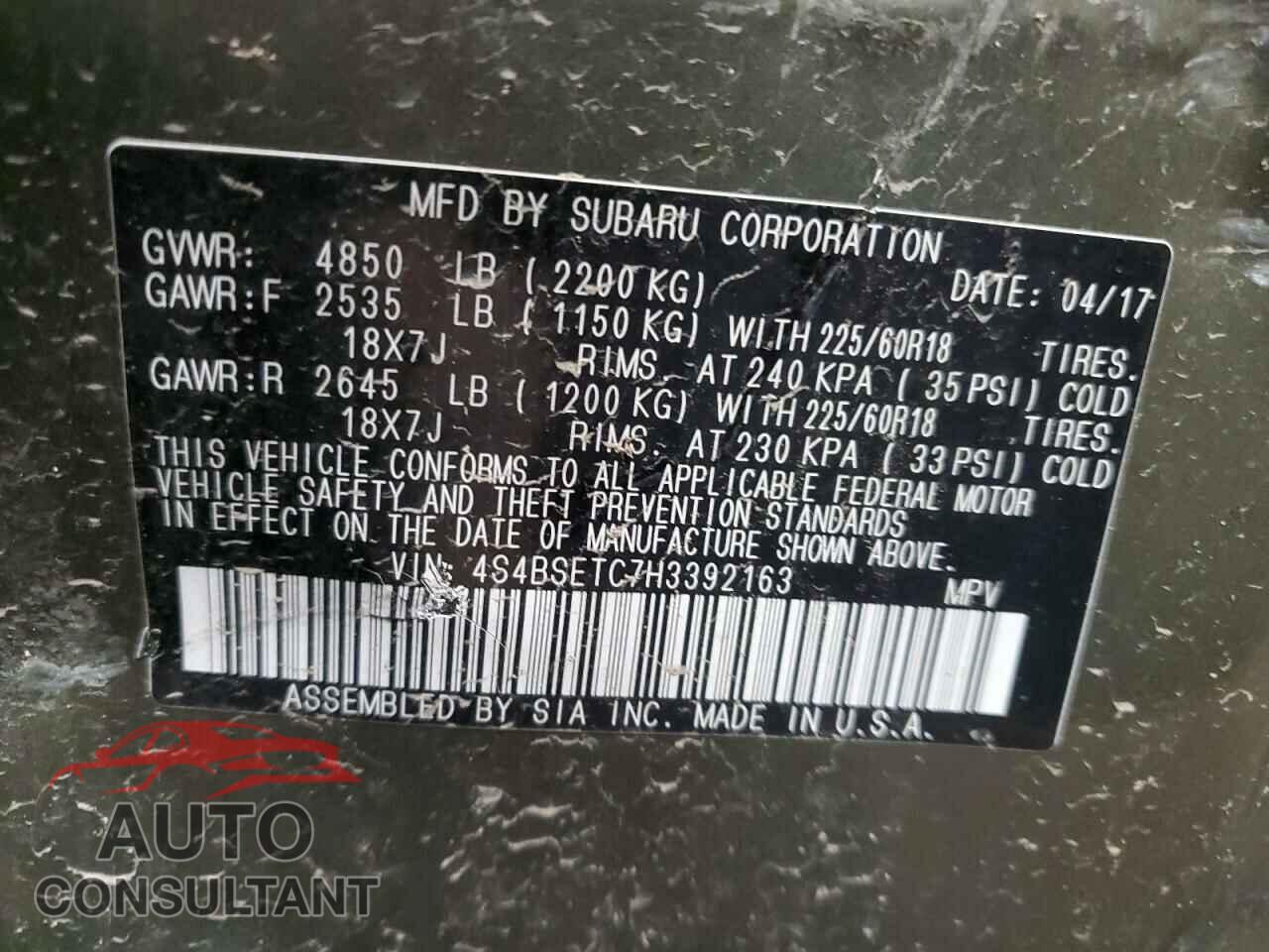SUBARU OUTBACK 2017 - 4S4BSETC7H3392163