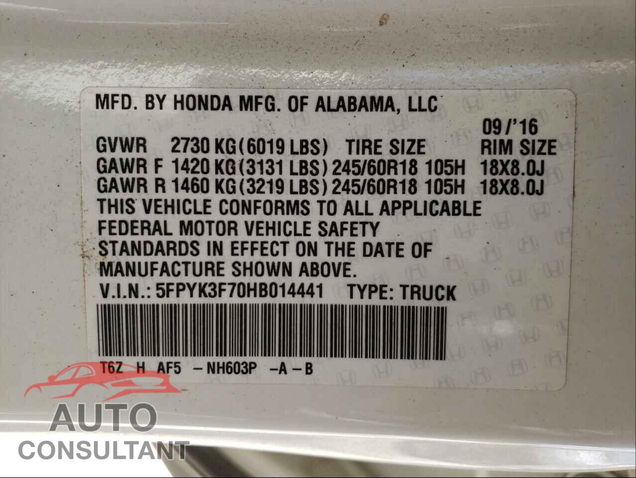 HONDA RIDGELINE 2017 - 5FPYK3F70HB014441