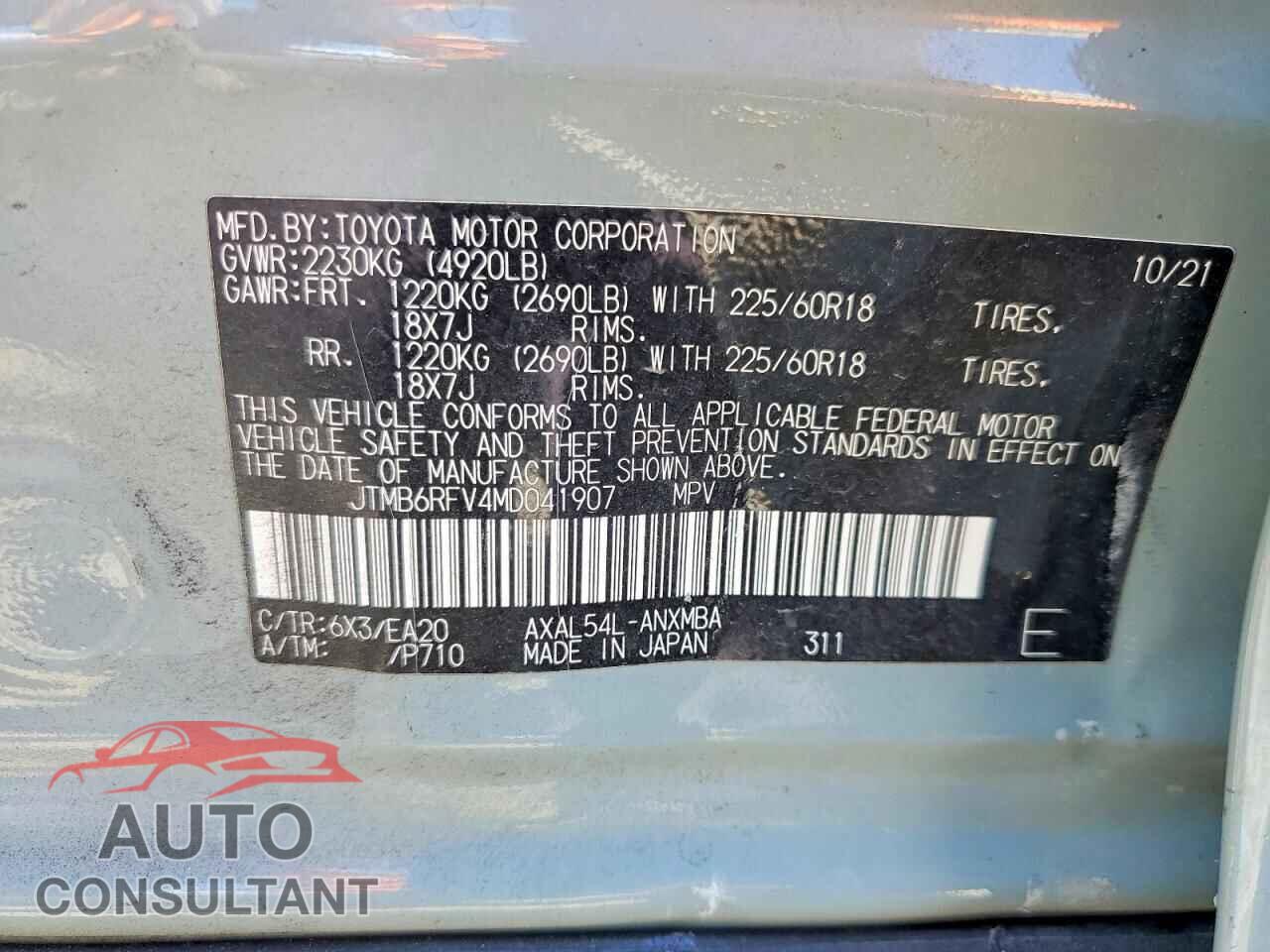 TOYOTA RAV4 2021 - JTMB6RFV4MD041907