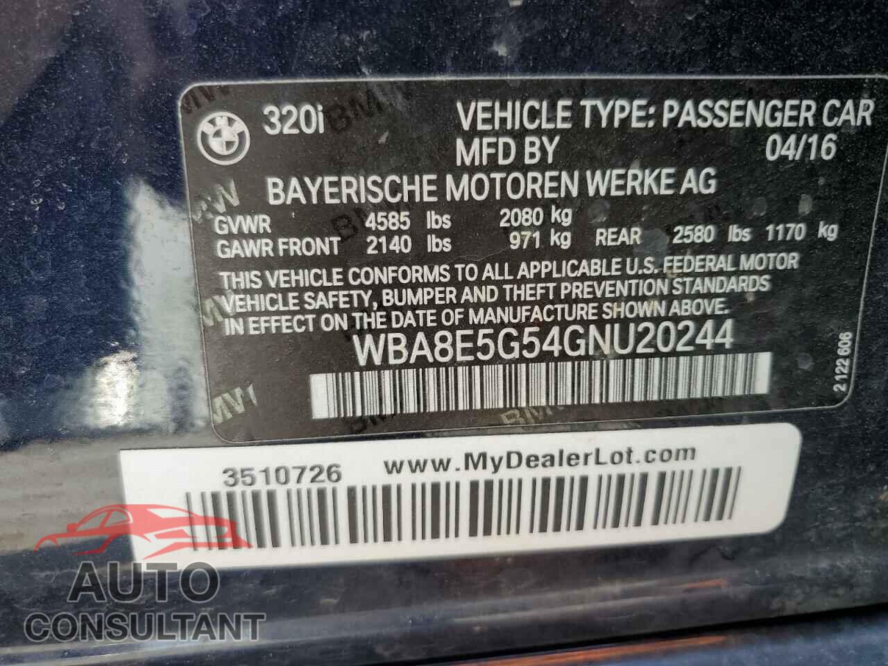BMW 3 SERIES 2016 - WBA8E5G54GNU20244