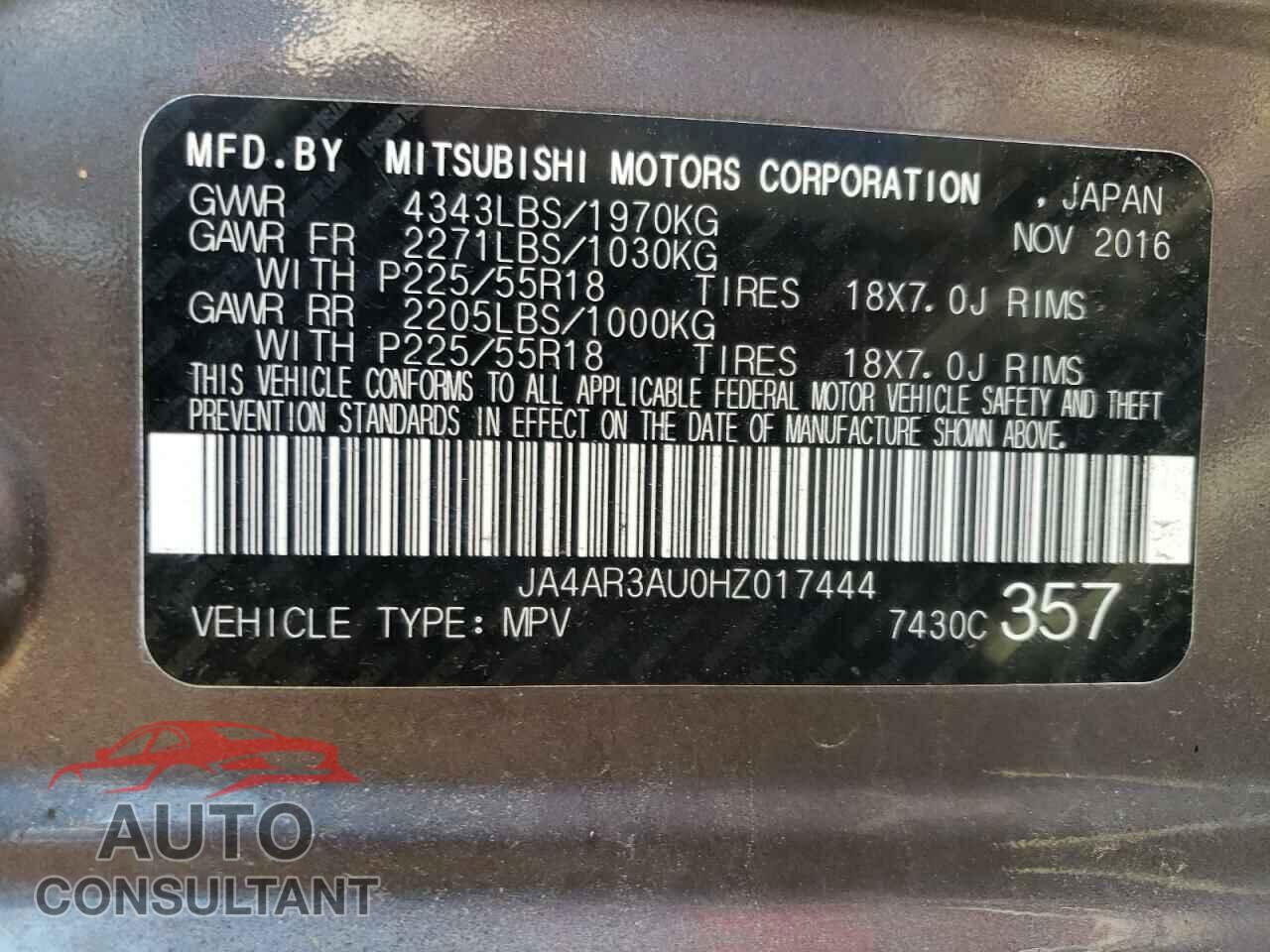 MITSUBISHI OUTLANDER 2017 - JA4AR3AU0HZ017444