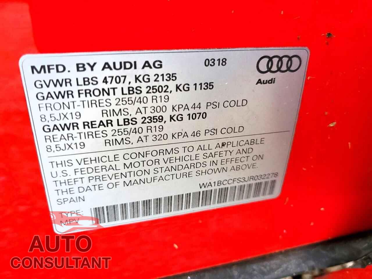 AUDI Q3 2018 - WA1BCCFS3JR032278