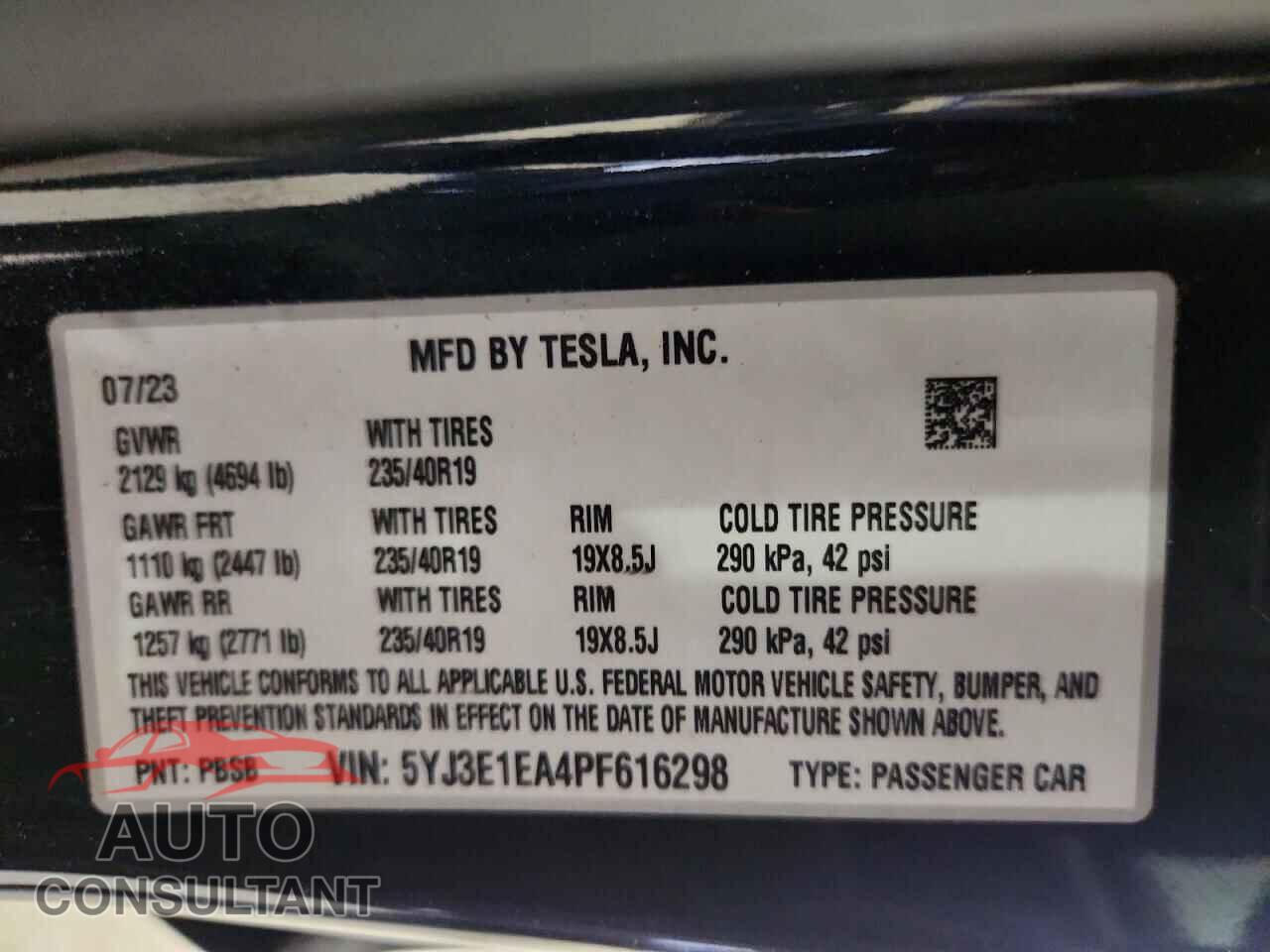TESLA MODEL 3 2023 - 5YJ3E1EA4PF616298
