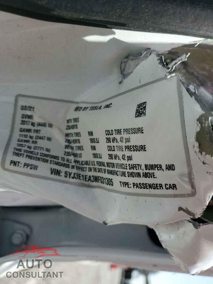 TESLA MODEL 3 2021 - 5YJ3E1EA3MF031305