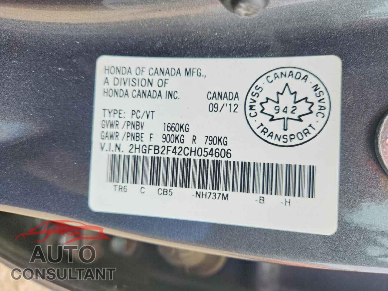 HONDA CIVIC 2012 - 2HGFB2F42CH054606