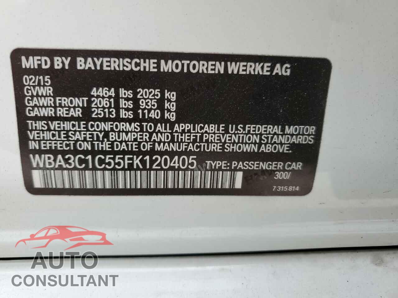 BMW 3 SERIES 2015 - WBA3C1C55FK120405