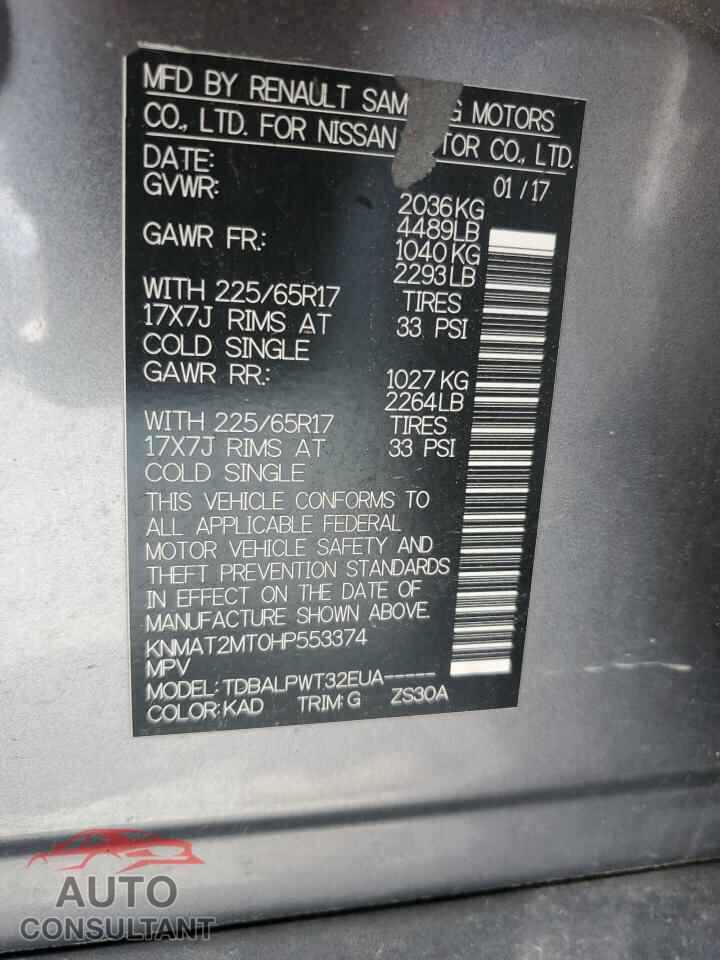 NISSAN ROGUE 2017 - KNMAT2MT0HP553374