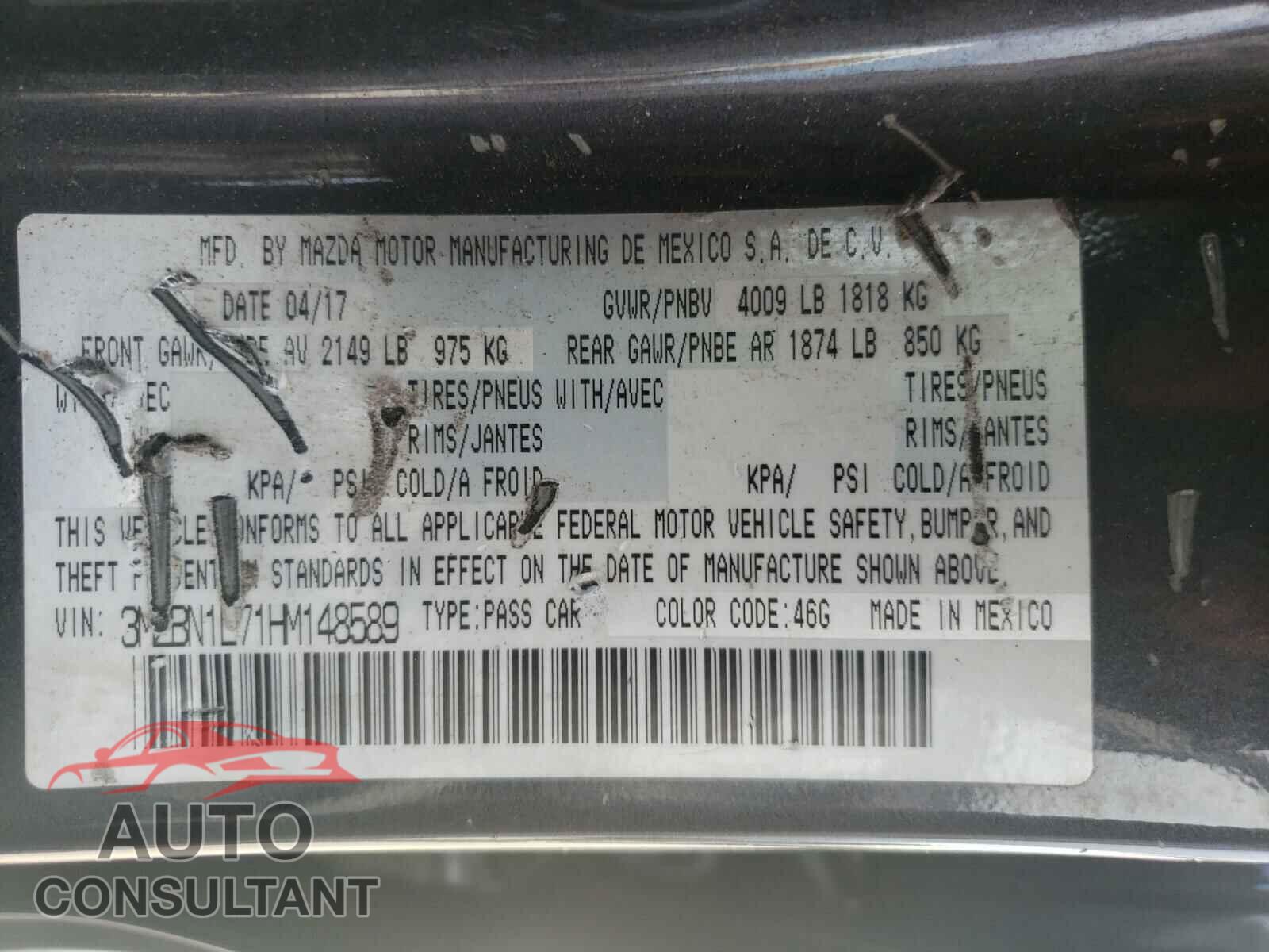 MAZDA 3 2017 - 3MZBN1L71HM148589