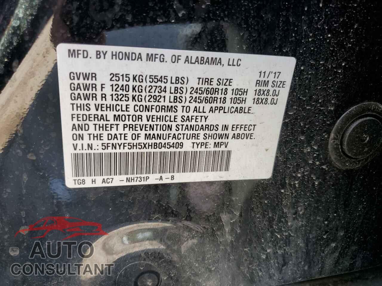 HONDA PILOT 2017 - 5FNYF5H5XHB045409
