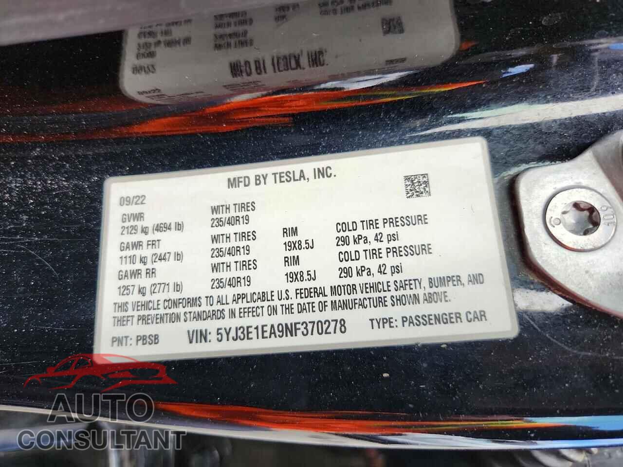 TESLA MODEL 3 2022 - 5YJ3E1EA9NF370278