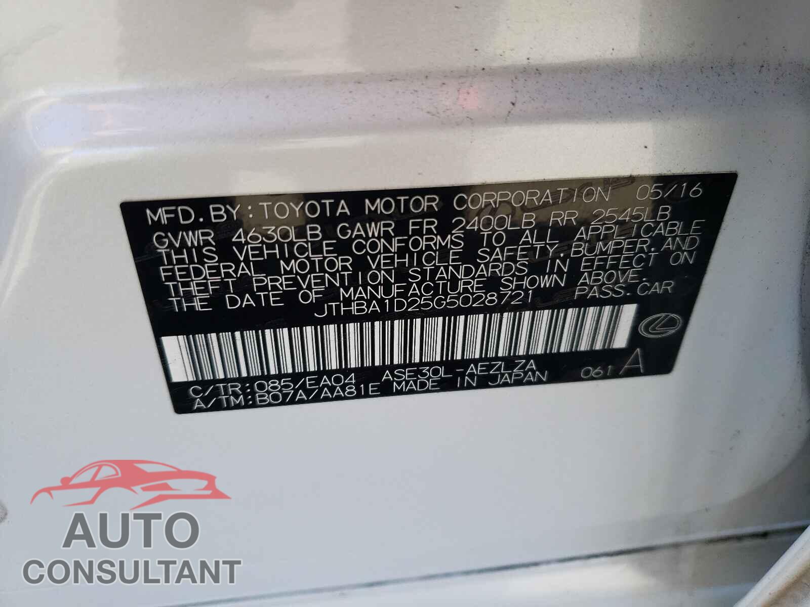 LEXUS IS 2016 - JTHBA1D25G5028721