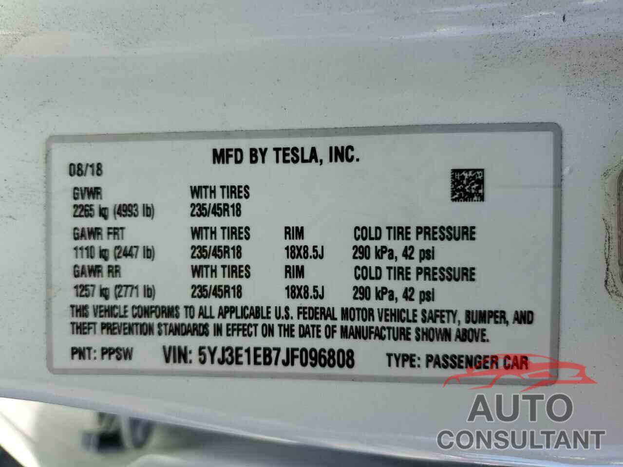 TESLA MODEL 3 2018 - 5YJ3E1EB7JF096808