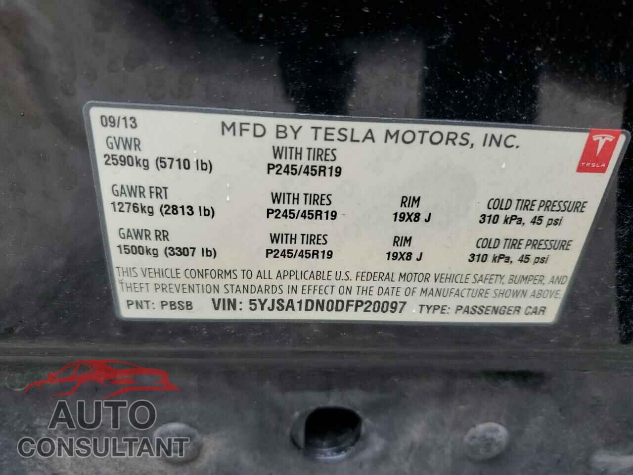 TESLA MODEL S 2013 - 5YJSA1DN0DFP20097