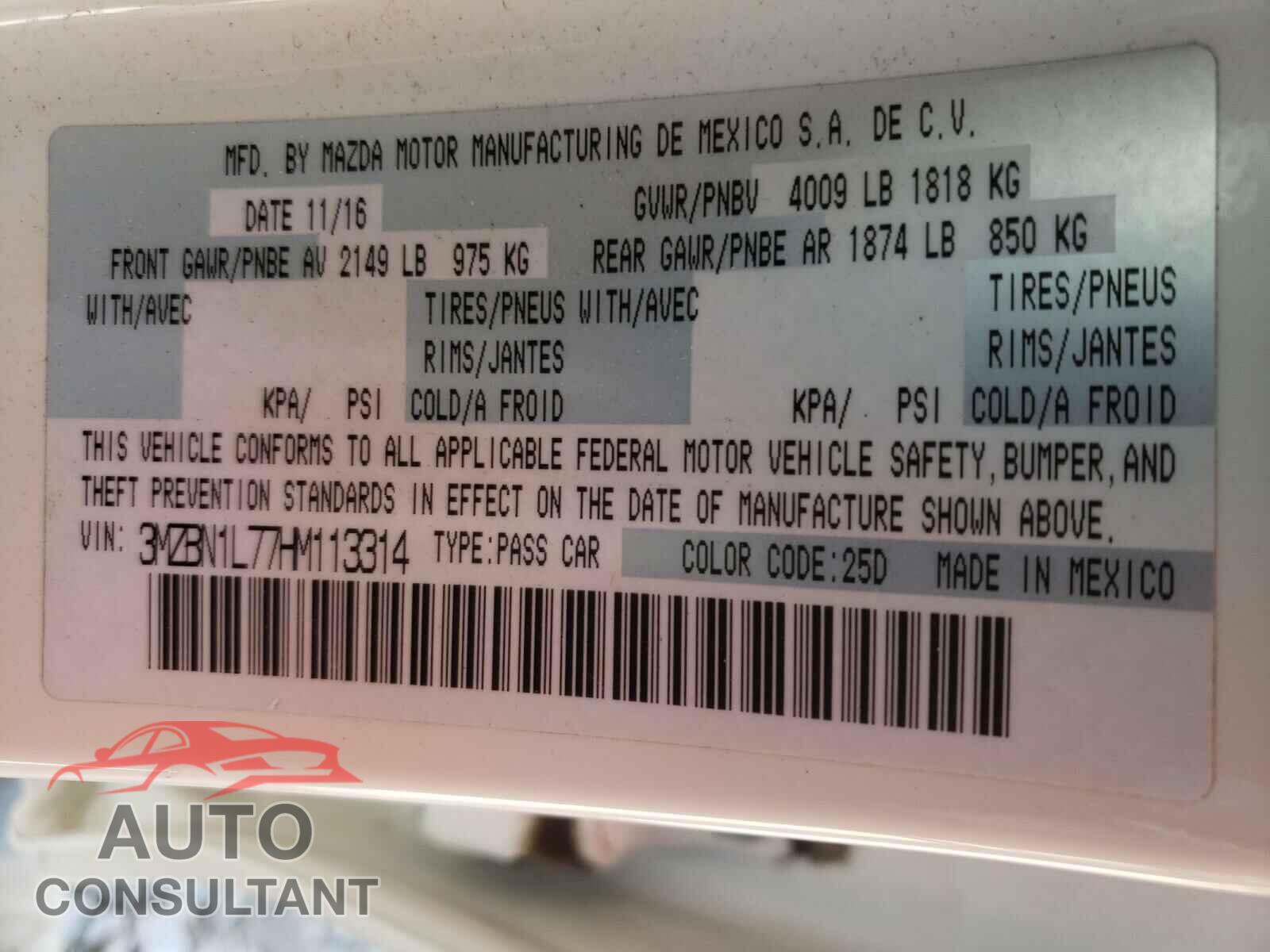 MAZDA 3 2017 - 3MZBN1L77HM113314