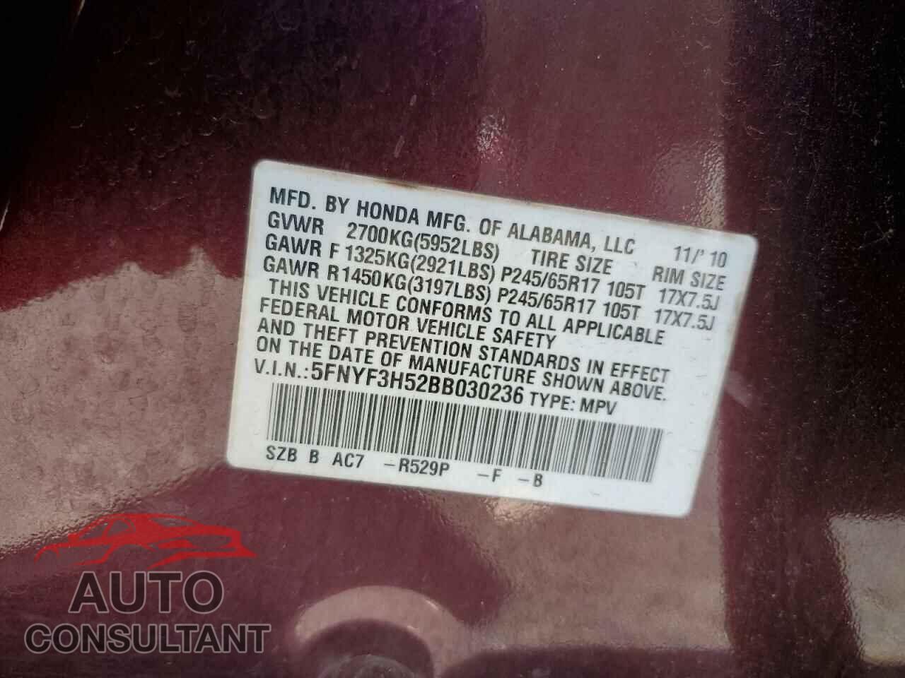 HONDA PILOT 2011 - 5FNYF3H52BB030236