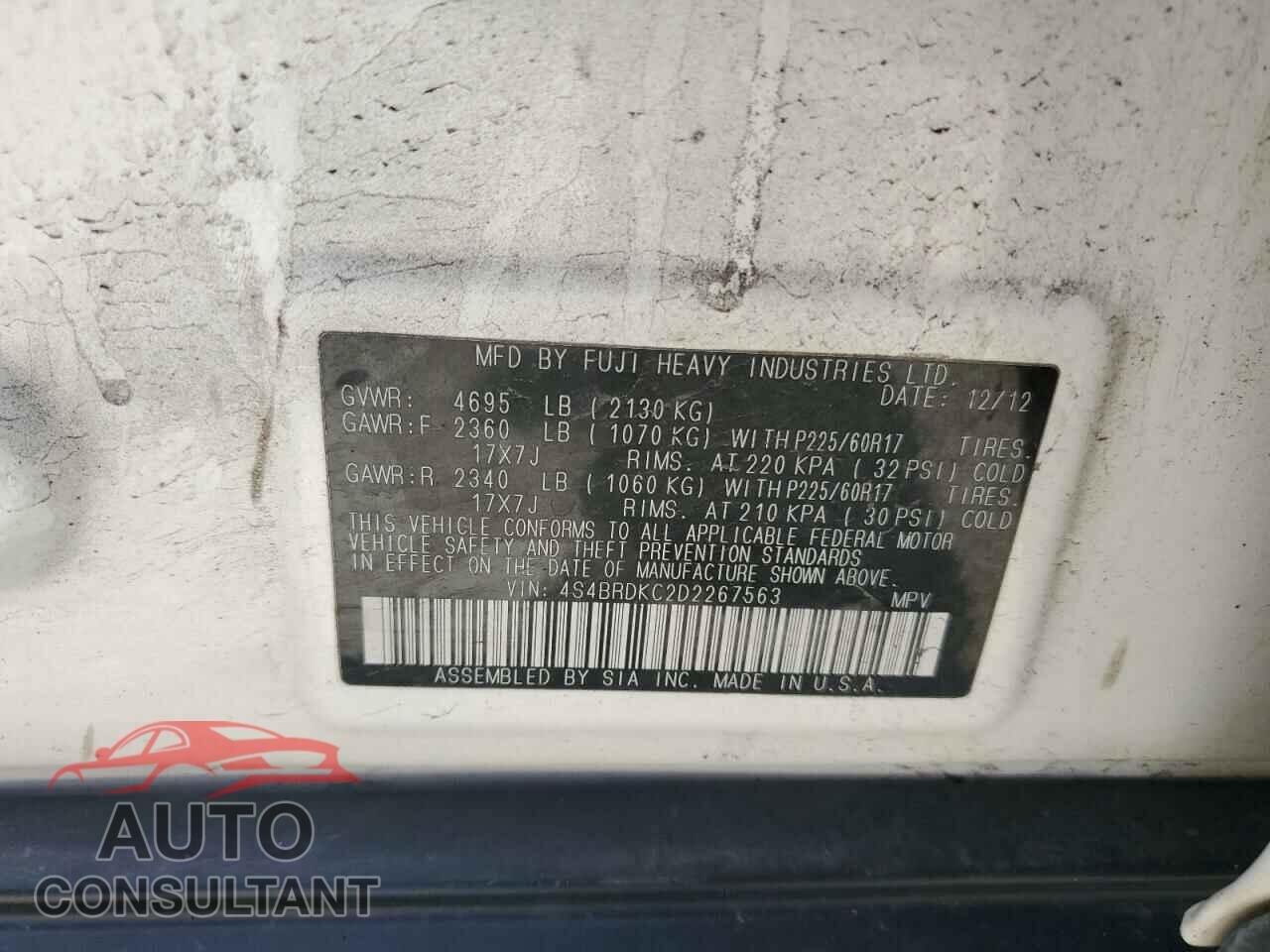 SUBARU OUTBACK 2013 - 4S4BRDKC2D2267563