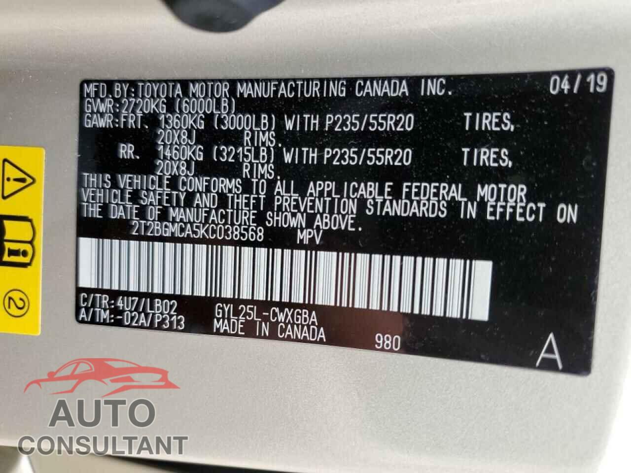 LEXUS RX450 2019 - 2T2BGMCA5KC038568