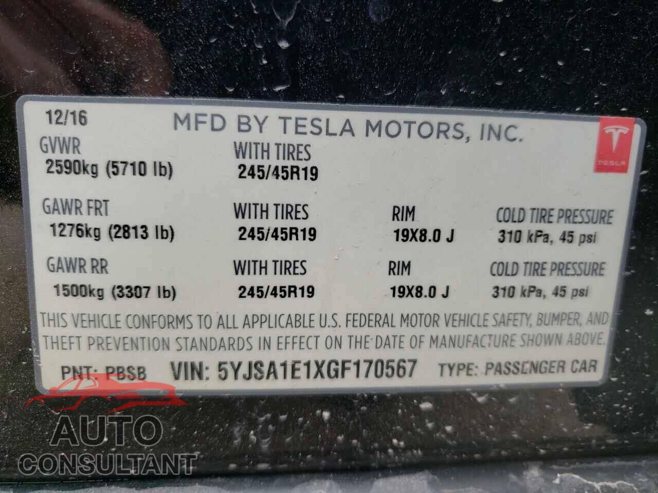 TESLA MODEL S 2016 - 5YJSA1E1XGF170567