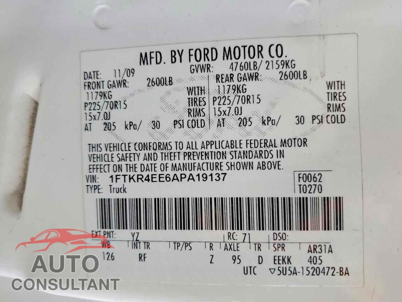 FORD RANGER 2010 - 1FTKR4EE6APA19137