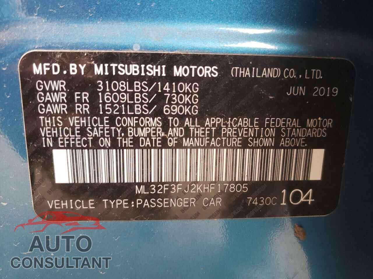 MITSUBISHI MIRAGE 2019 - ML32F3FJ2KHF17805