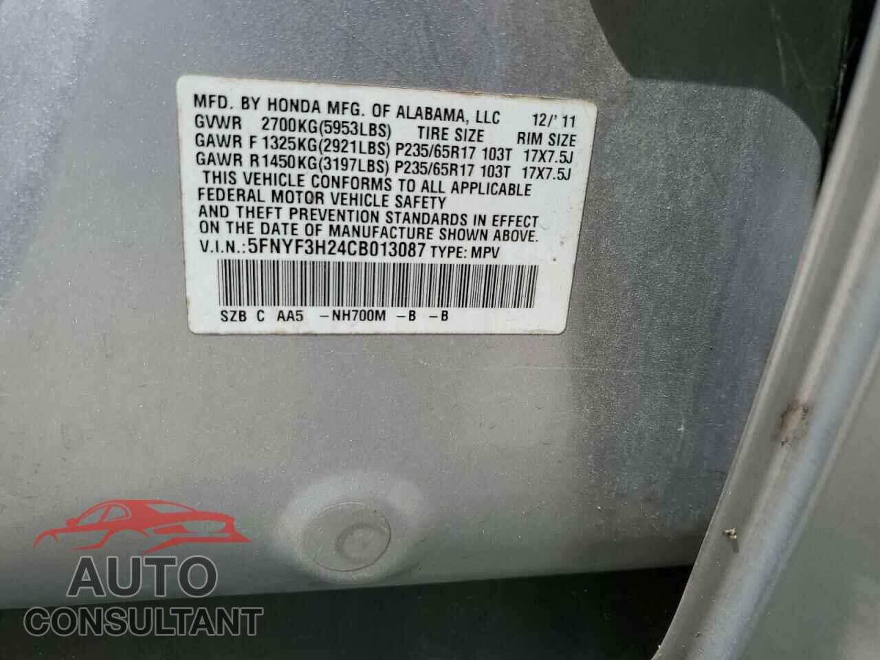 HONDA PILOT 2012 - 5FNYF3H24CB013087