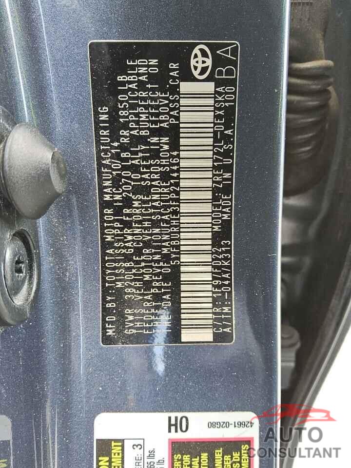 TOYOTA COROLLA 2015 - 5YFBURHE3FP214464
