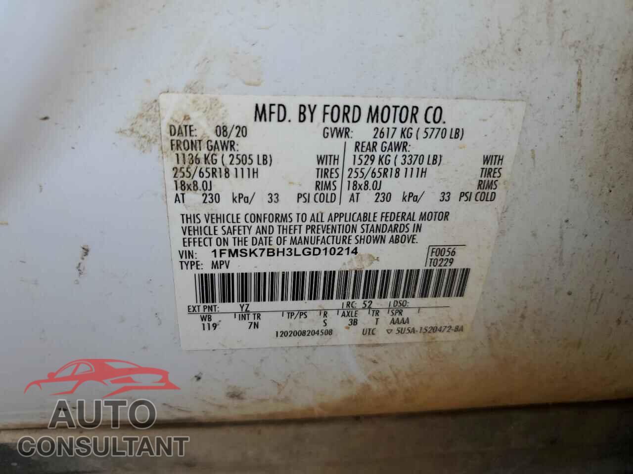 FORD EXPLORER 2020 - 1FMSK7BH3LGD10214