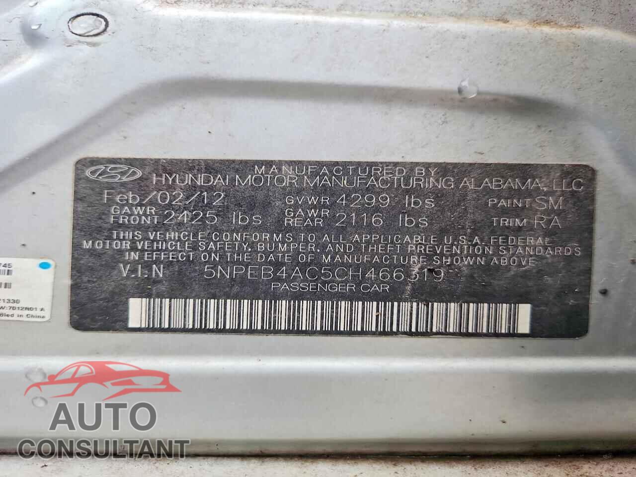 HYUNDAI SONATA 2012 - 5NPEB4AC5CH466319