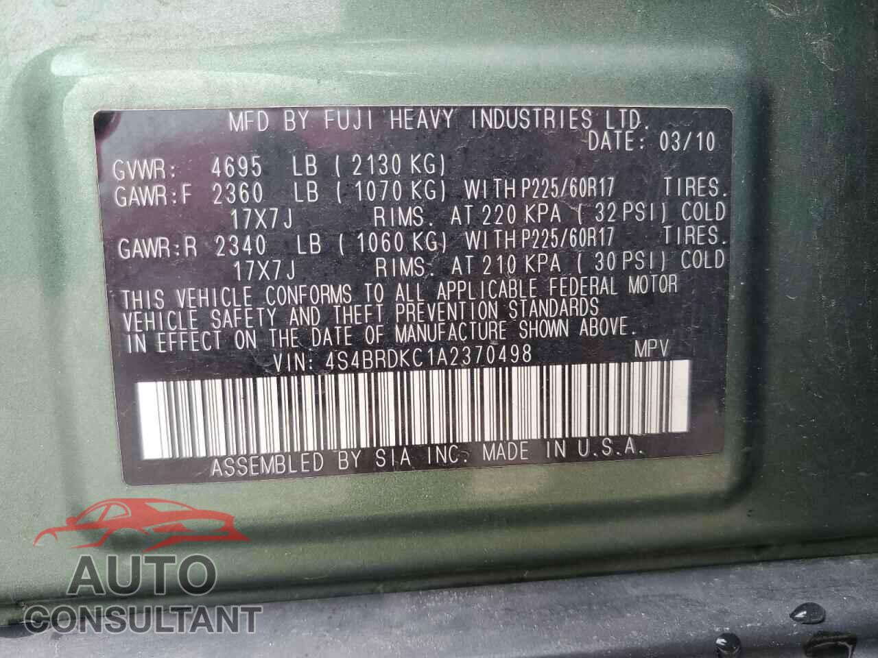 SUBARU OUTBACK 2010 - 4S4BRDKC1A2370498