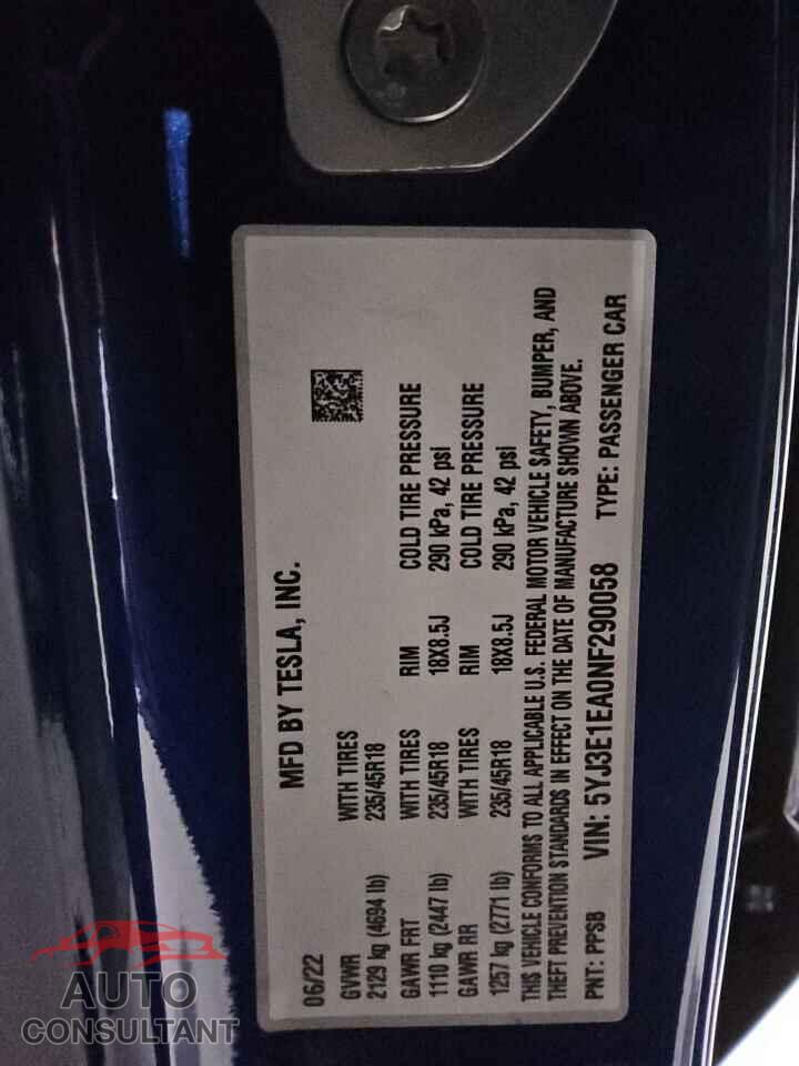 TESLA MODEL 3 2022 - 5YJ3E1EA0NF290058